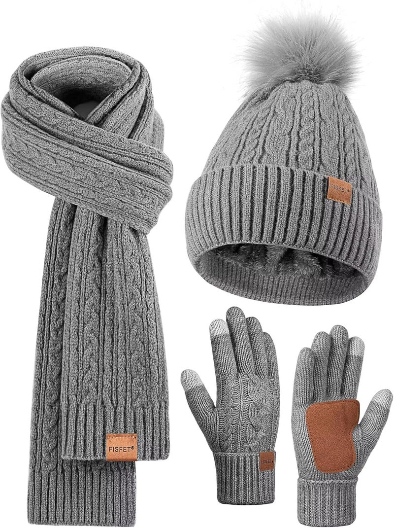 FISFET Winter Beanie Hat Scarf Gloves Set for Women, Pom Pom Beanie Fleece Lined Knit Neck Warmer Touchscreen Gloves 3 in 1 Gift Set - Image 1